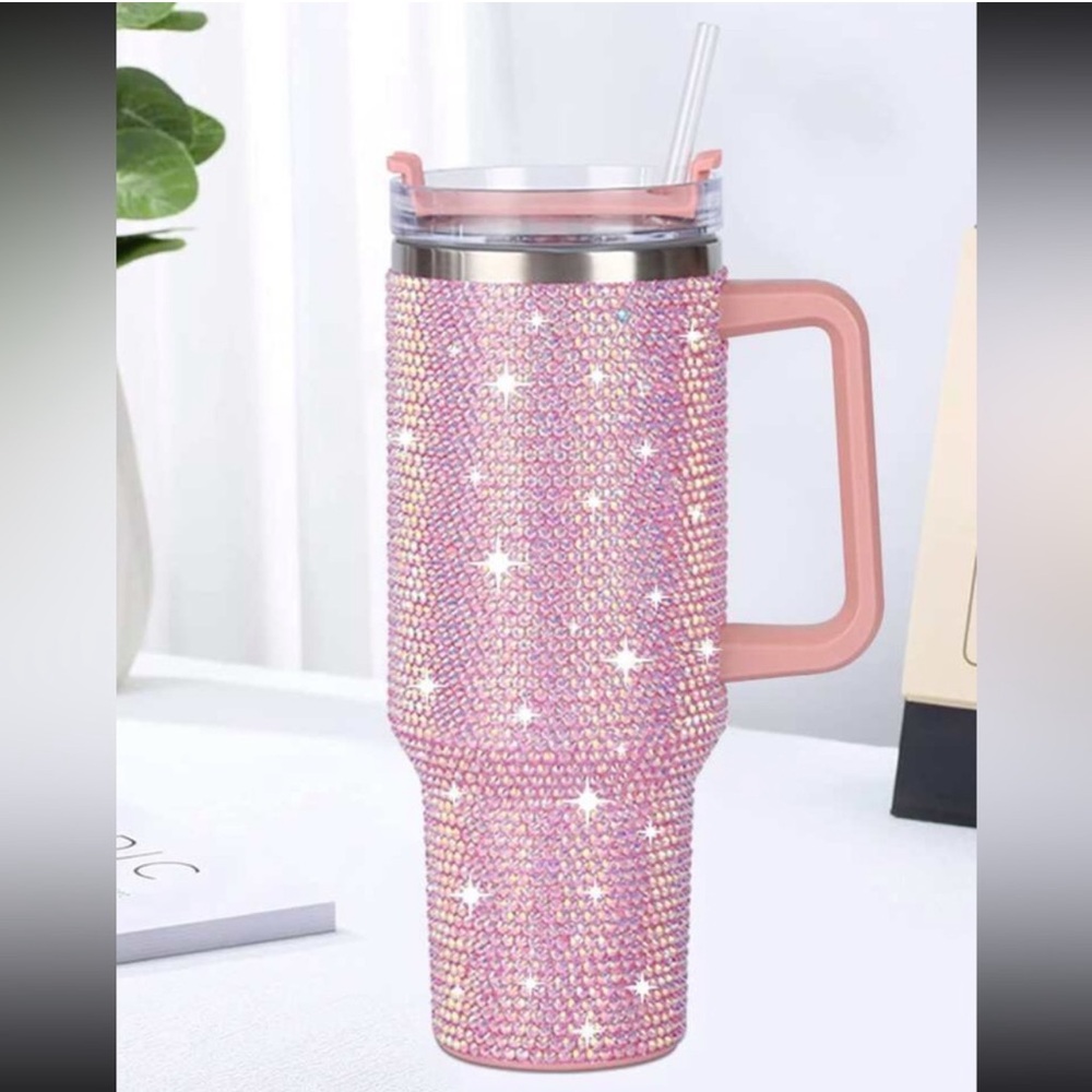 40oz Stainless Steel Car Cup With Handle And Rhinestone Decoration